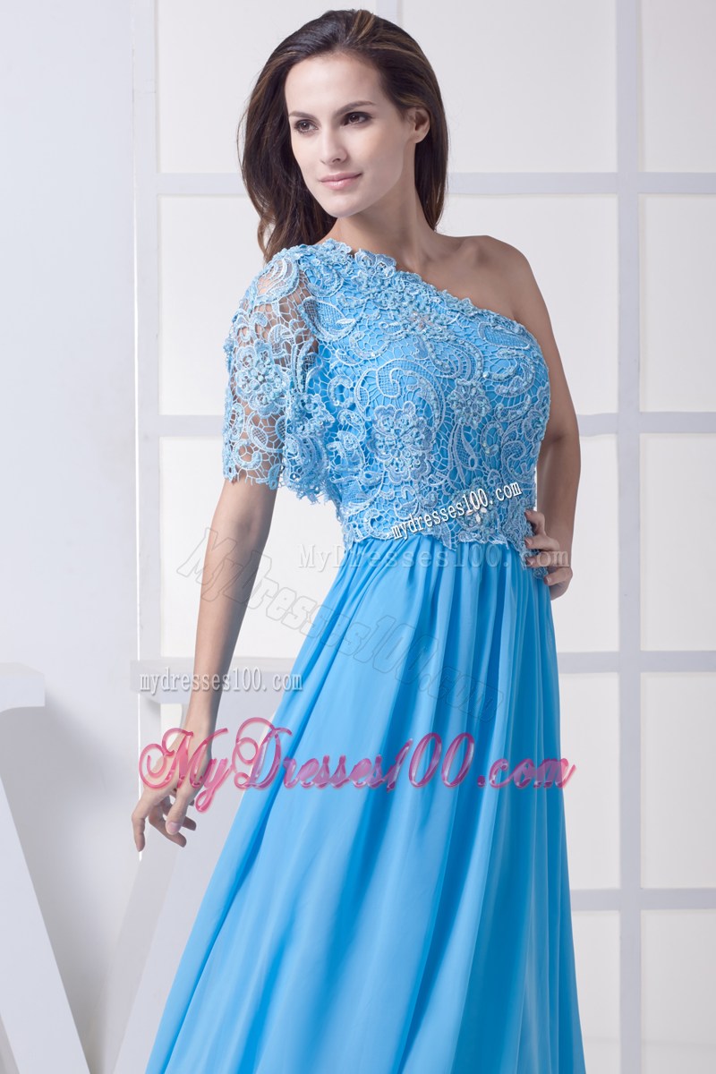 Discount Lace Column One Shoulder Long Baby Blue 2013 Prom Dress