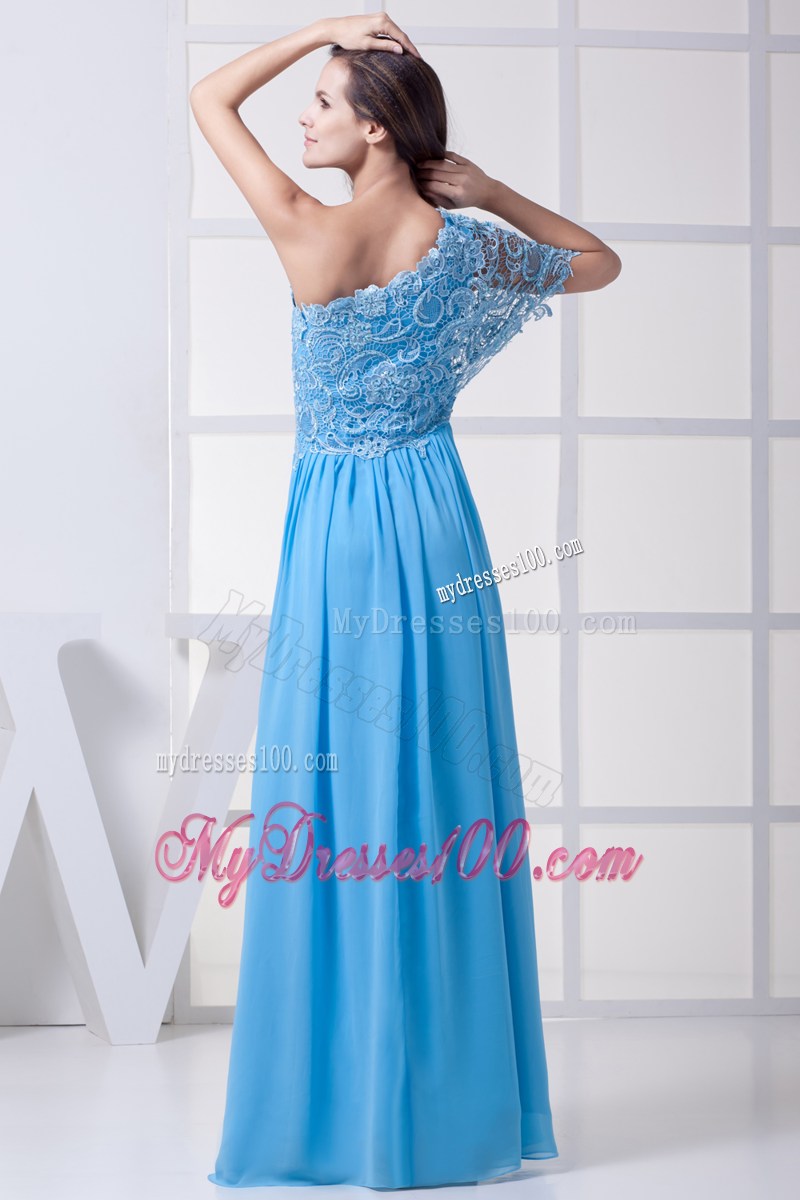 Discount Lace Column One Shoulder Long Baby Blue 2013 Prom Dress