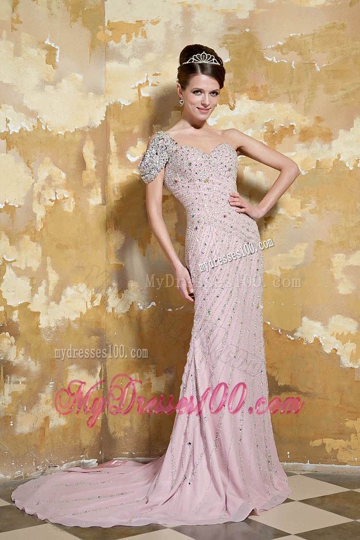 Light Pink Column One Shoulder Brush Train Beading Prom Dresses