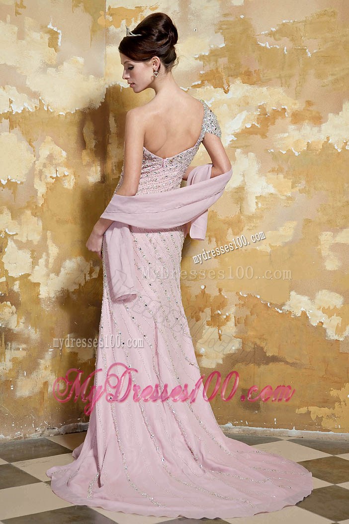 Light Pink Column One Shoulder Brush Train Beading Prom Dresses