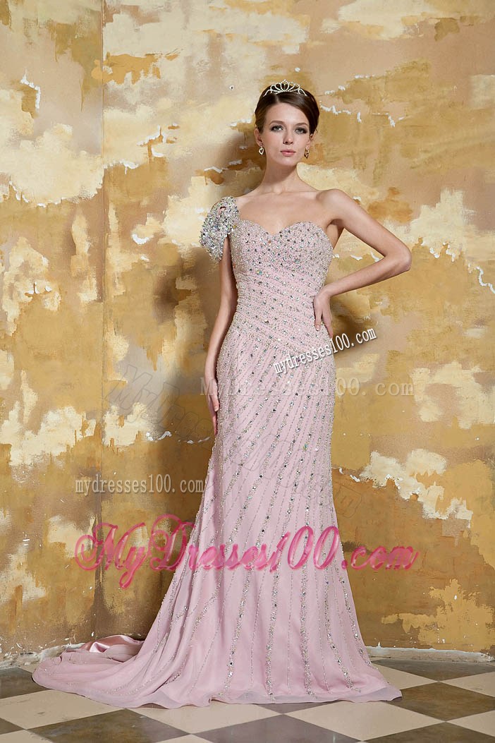 Light Pink Column One Shoulder Brush Train Beading Prom Dresses