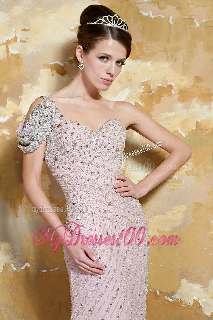 Light Pink Column One Shoulder Brush Train Beading Prom Dresses