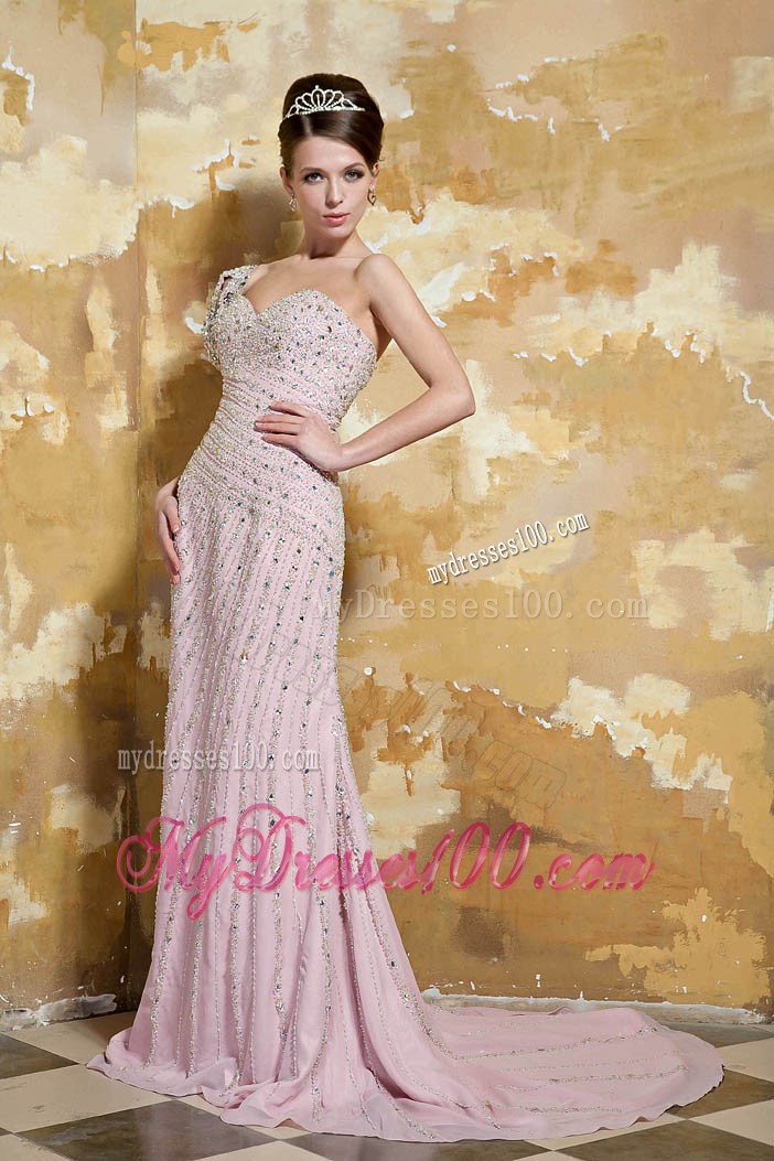 Light Pink Column One Shoulder Brush Train Beading Prom Dresses