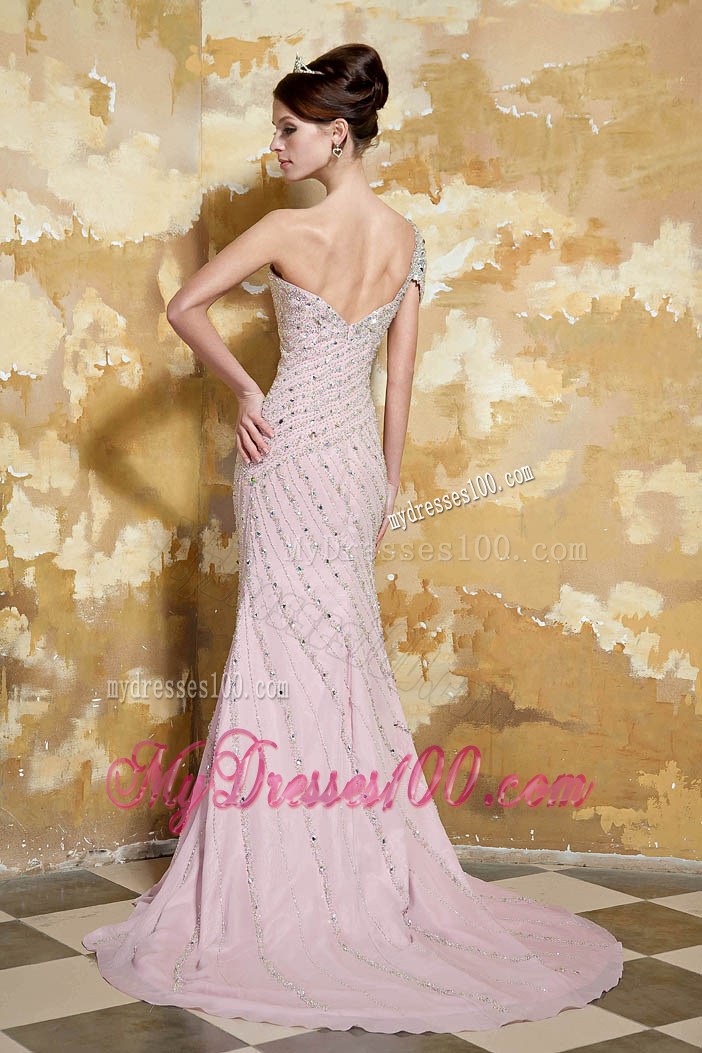 Light Pink Column One Shoulder Brush Train Beading Prom Dresses