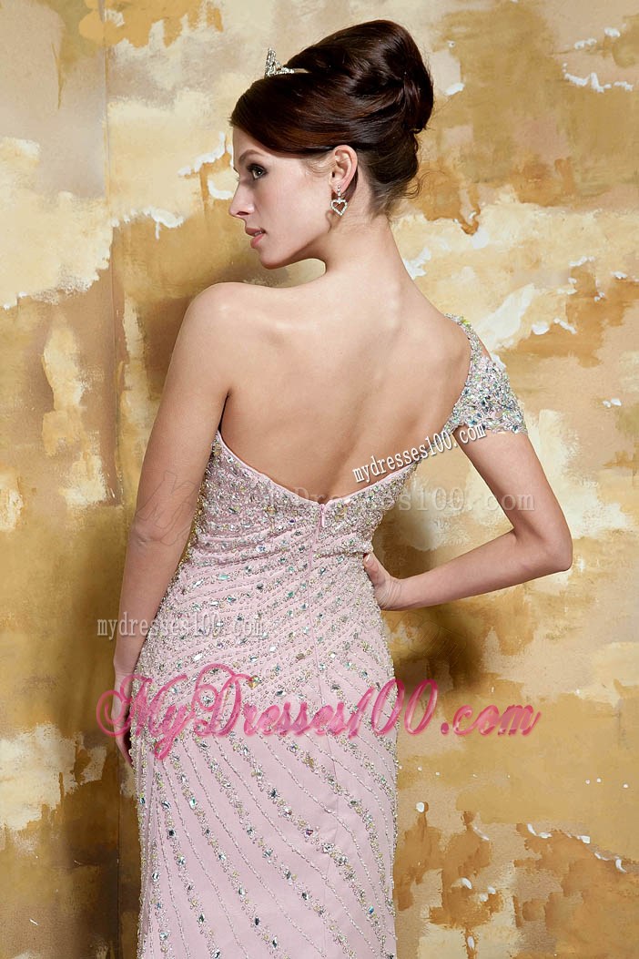 Light Pink Column One Shoulder Brush Train Beading Prom Dresses