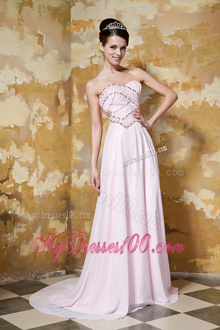 2013 Light Pink Empire Sweetheart Brush Train Beading Prom Dresses