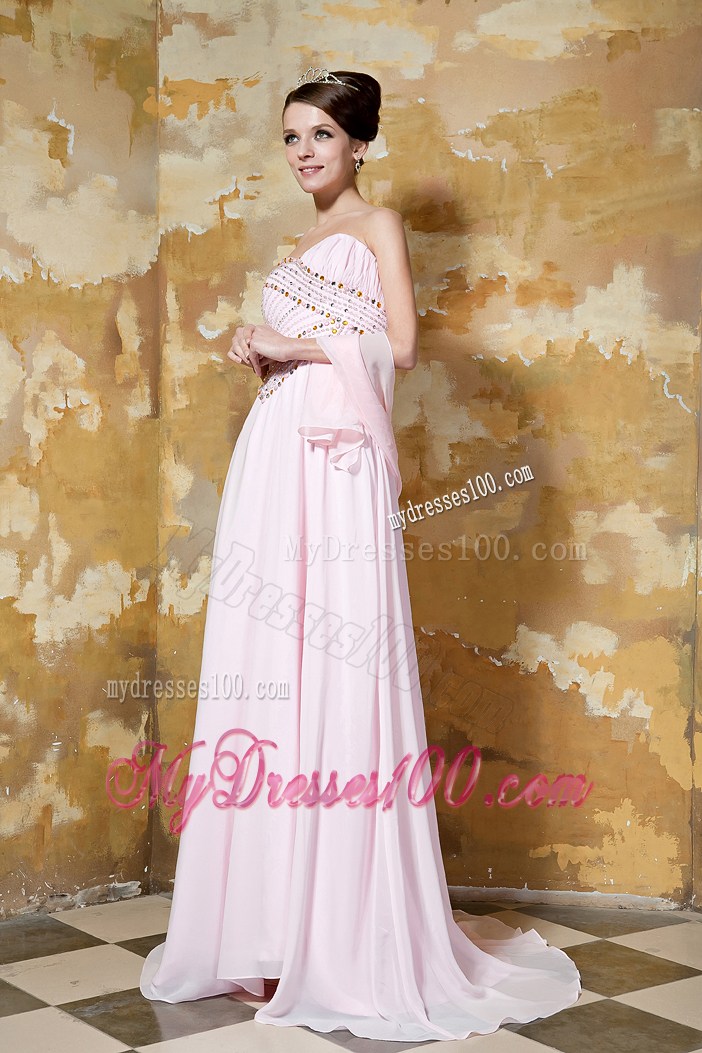 2013 Light Pink Empire Sweetheart Brush Train Beading Prom Dresses