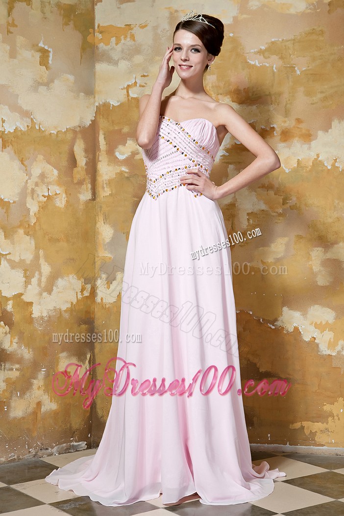 2013 Light Pink Empire Sweetheart Brush Train Beading Prom Dresses