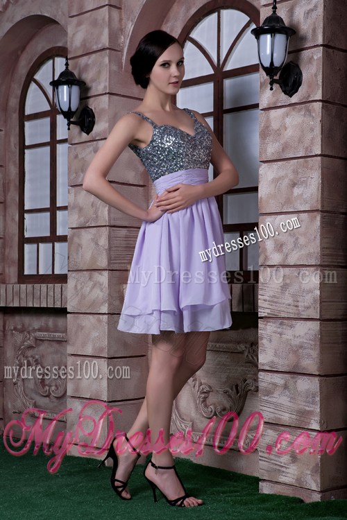 Pretty Lilac Spaghetti Straps Knee-length Beading Prom Dress