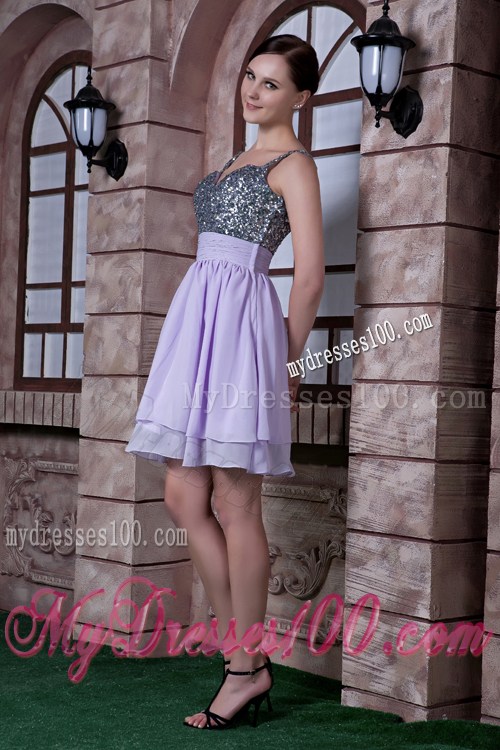Pretty Lilac Spaghetti Straps Knee-length Beading Prom Dress