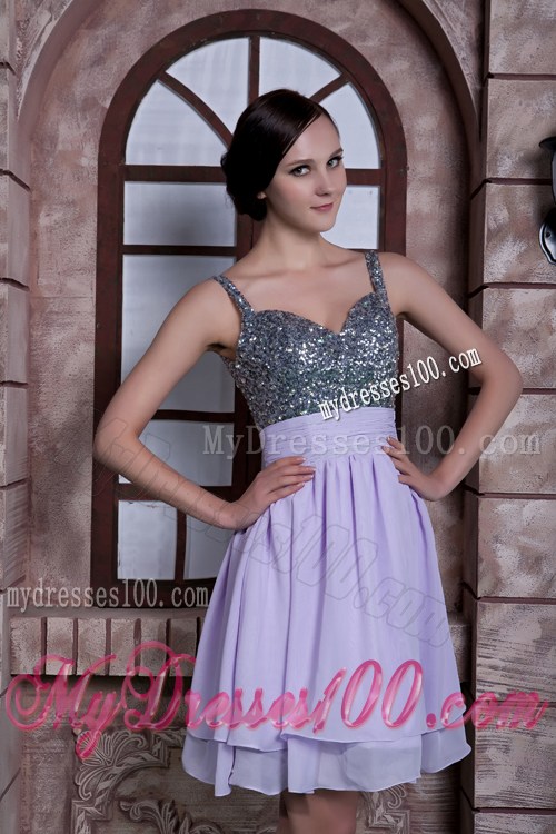 Pretty Lilac Spaghetti Straps Knee-length Beading Prom Dress