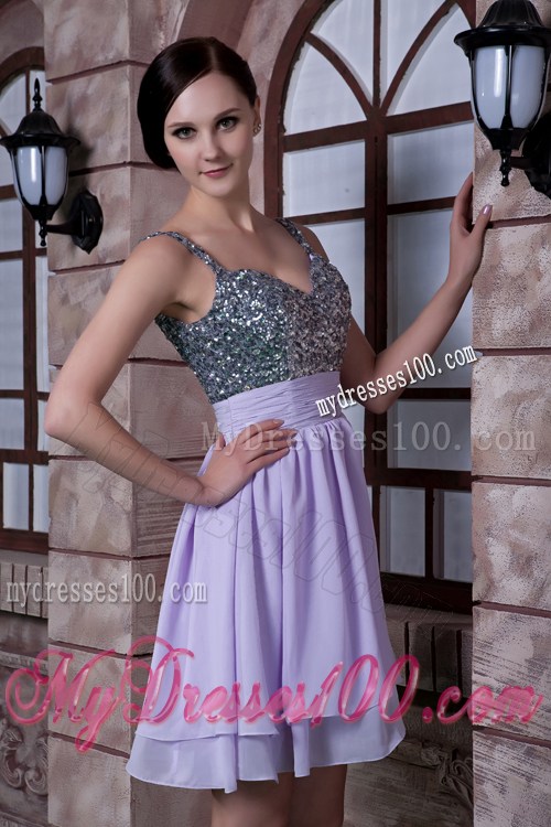 Pretty Lilac Spaghetti Straps Knee-length Beading Prom Dress