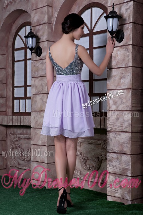 Pretty Lilac Spaghetti Straps Knee-length Beading Prom Dress