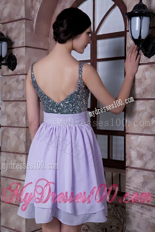 Pretty Lilac Spaghetti Straps Knee-length Beading Prom Dress