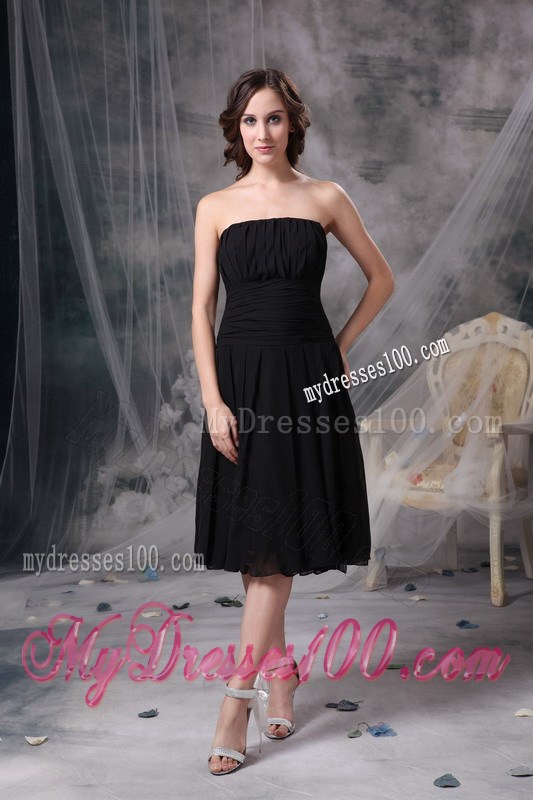 Customize Column Strapless Black Prom Dresses Ruched Tea-length