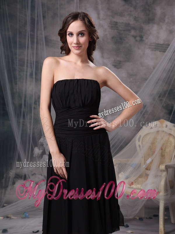 Customize Column Strapless Black Prom Dresses Ruched Tea-length