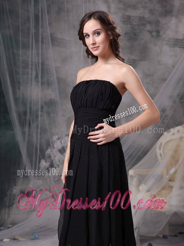 Customize Column Strapless Black Prom Dresses Ruched Tea-length