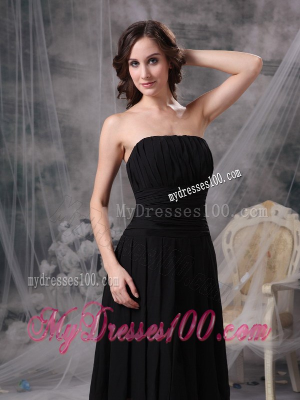 Customize Column Strapless Black Prom Dresses Ruched Tea-length