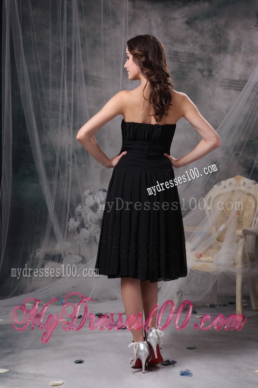 Customize Column Strapless Black Prom Dresses Ruched Tea-length