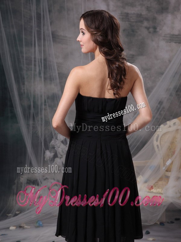 Customize Column Strapless Black Prom Dresses Ruched Tea-length