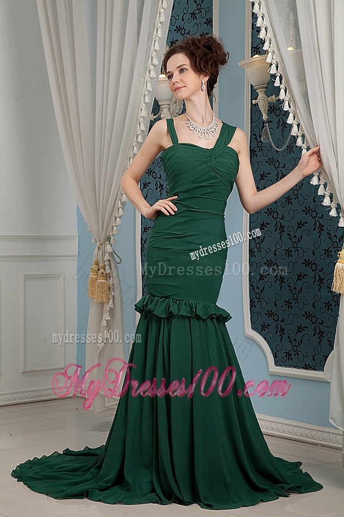 Dark Green Prom Dress For 2013 Mermaid Straps Brush Train Ruched