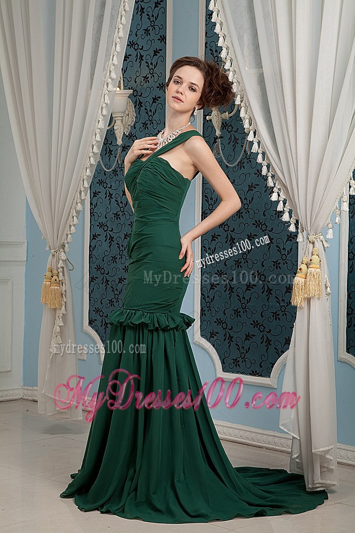 Dark Green Prom Dress For 2013 Mermaid Straps Brush Train Ruched