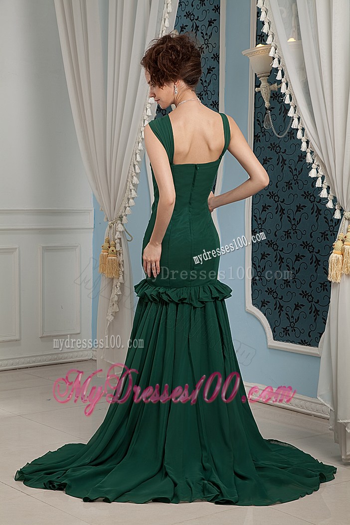 Dark Green Prom Dress For 2013 Mermaid Straps Brush Train Ruched