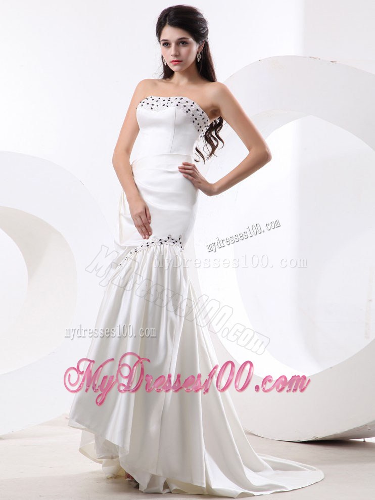Mermaid Strapless White Prom Dresses With Beading and Brush Train