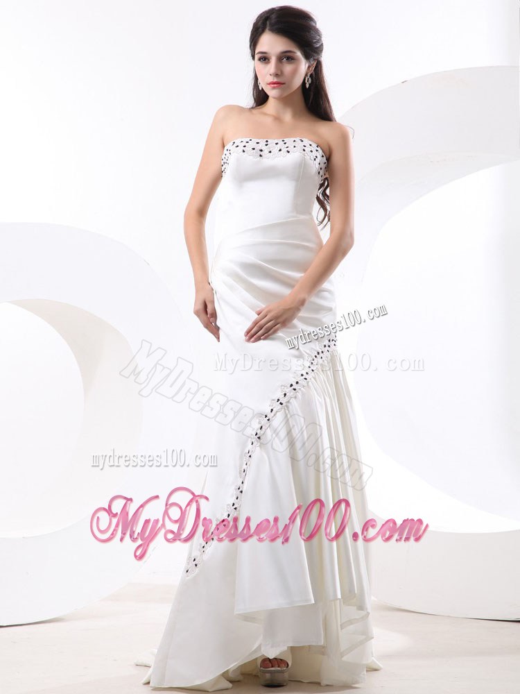 Mermaid Strapless White Prom Dresses With Beading and Brush Train