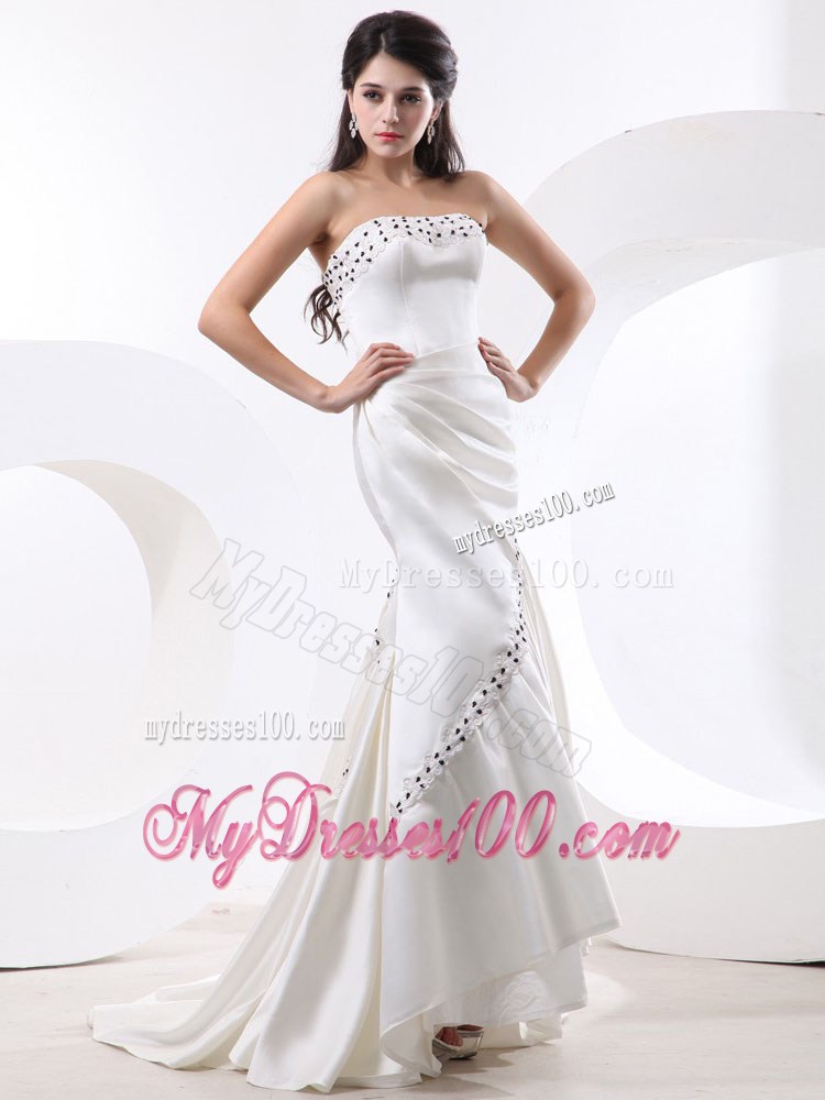 Mermaid Strapless White Prom Dresses With Beading and Brush Train