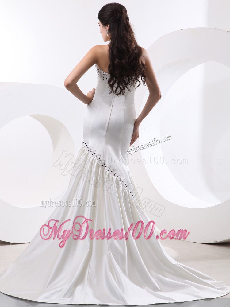 Mermaid Strapless White Prom Dresses With Beading and Brush Train