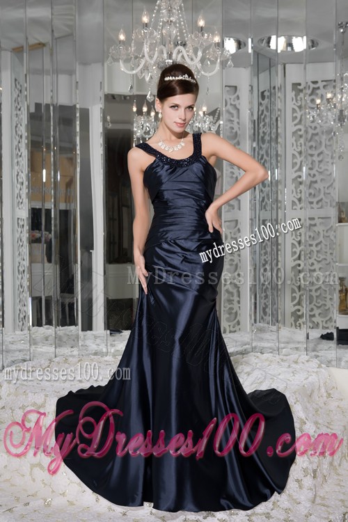 Modest Navy Blue Empire Prom Dresses Scoop Beading Brush Train