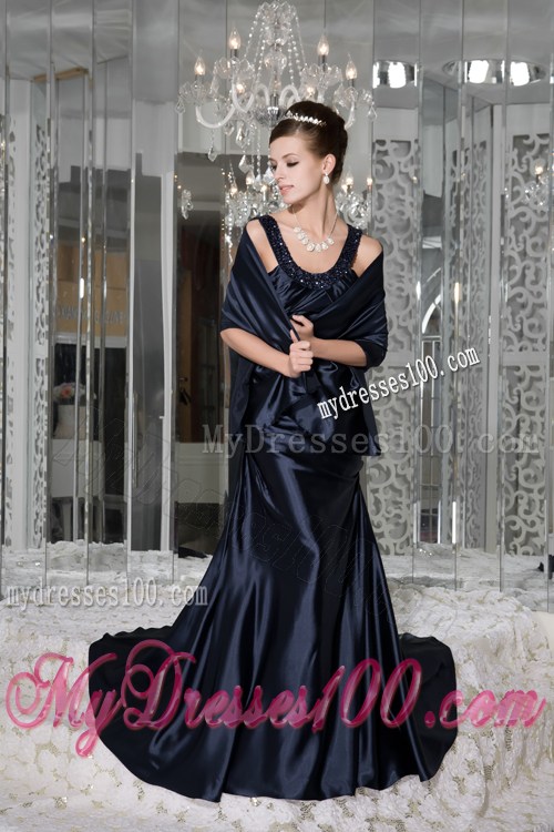 Modest Navy Blue Empire Prom Dresses Scoop Beading Brush Train