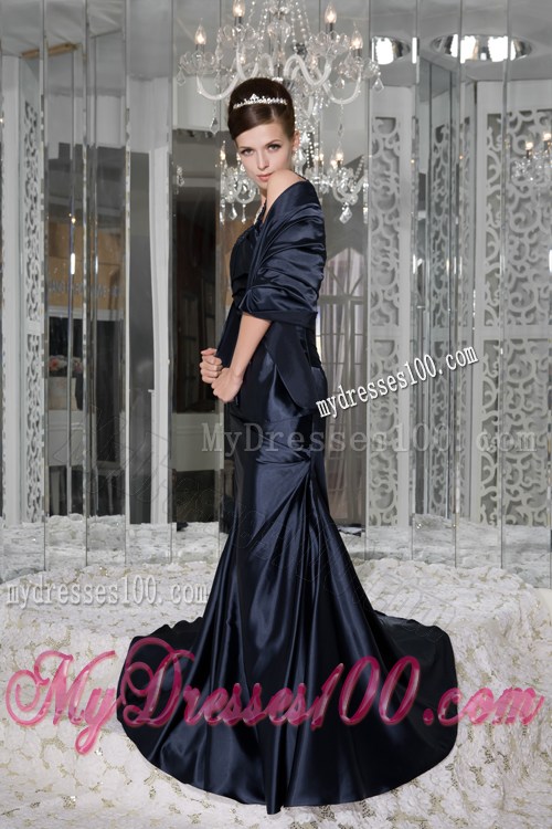 Modest Navy Blue Empire Prom Dresses Scoop Beading Brush Train