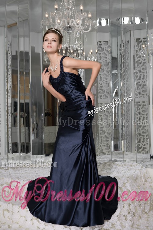 Modest Navy Blue Empire Prom Dresses Scoop Beading Brush Train