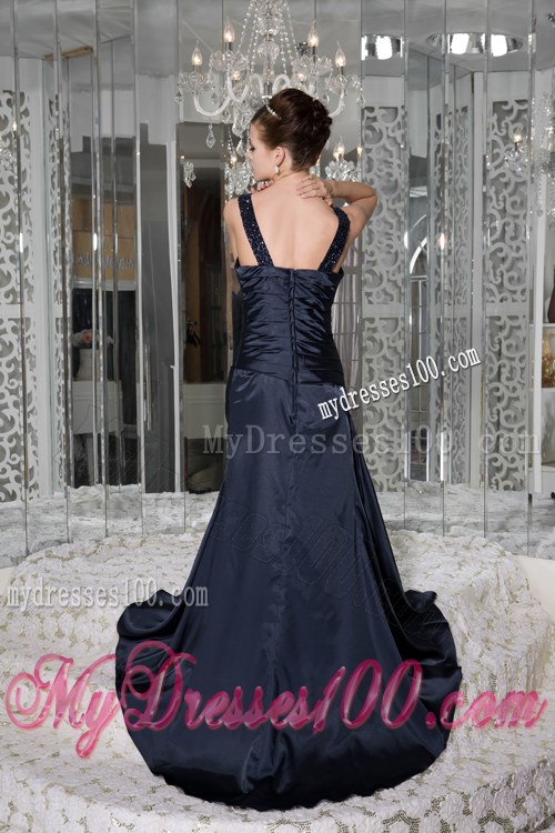 Modest Navy Blue Empire Prom Dresses Scoop Beading Brush Train
