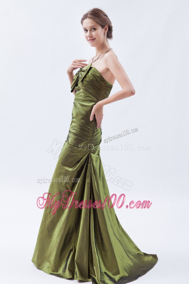 Olive Green Princess Strapless Brush Train Ruches Bow Prom Dresses