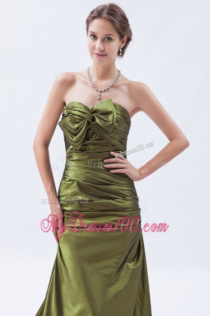Olive Green Princess Strapless Brush Train Ruches Bow Prom Dresses