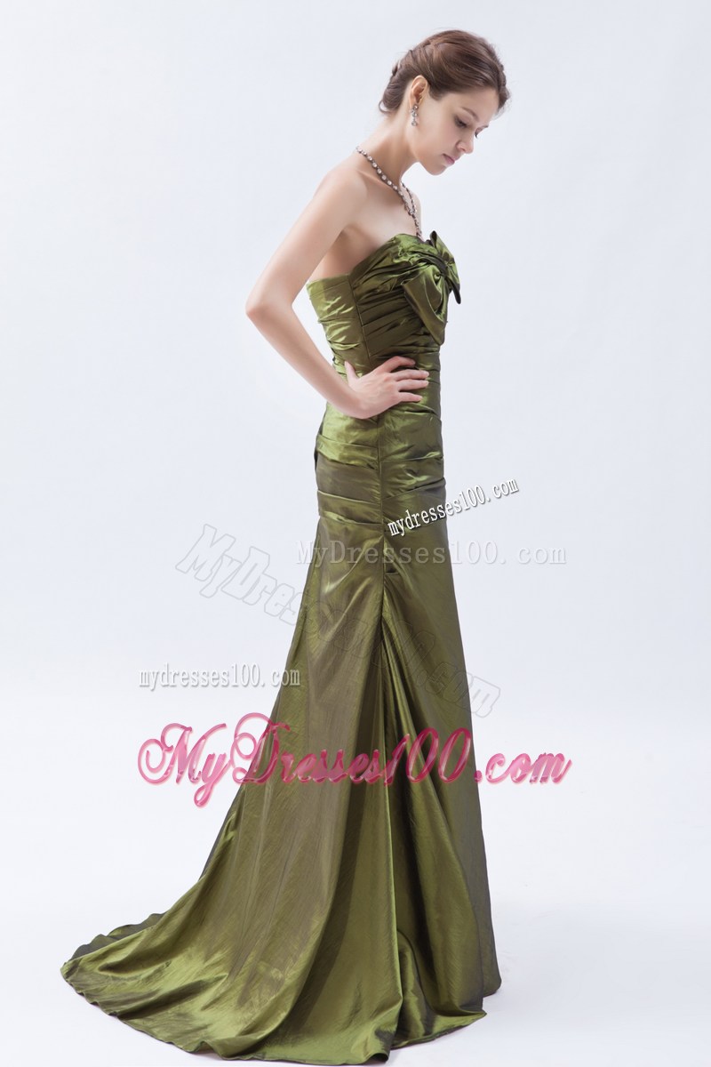 Olive Green Princess Strapless Brush Train Ruches Bow Prom Dresses