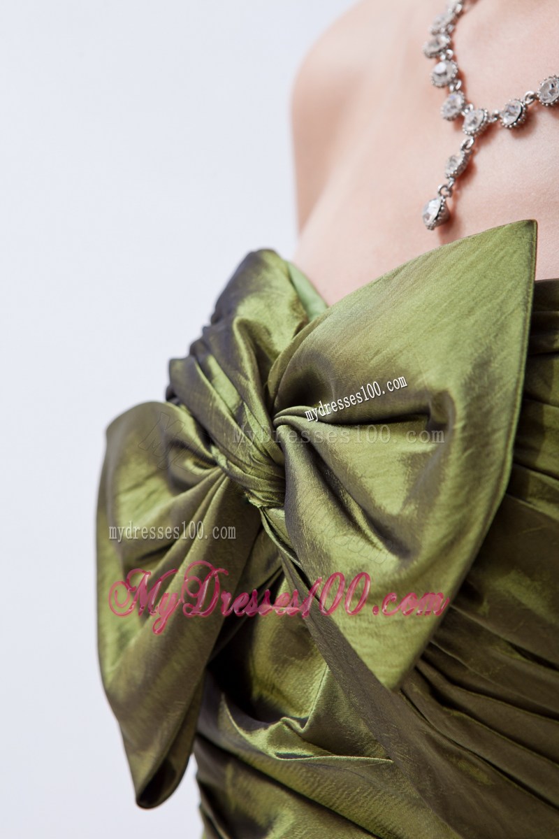 Olive Green A-line / Princess Strapless Brush Train Taffeta Ruch and Bow Bridesmaid Dress