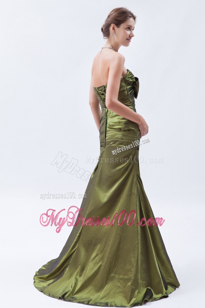 Olive Green A-line / Princess Strapless Brush Train Taffeta Ruch and Bow Bridesmaid Dress
