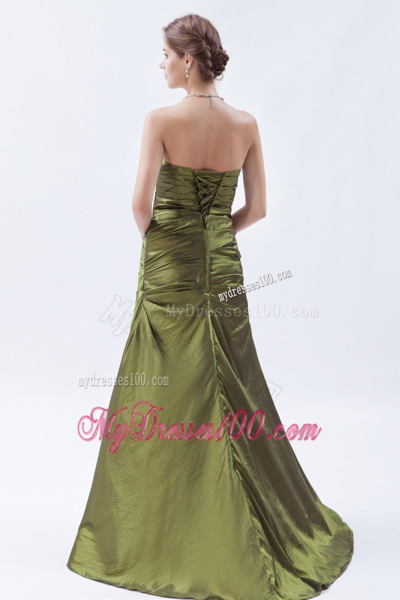 Olive Green A-line / Princess Strapless Brush Train Taffeta Ruch and Bow Bridesmaid Dress