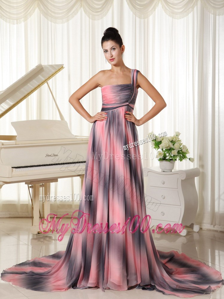 Affordable Ombre Color One Shoulder Prom Dress With Court Train