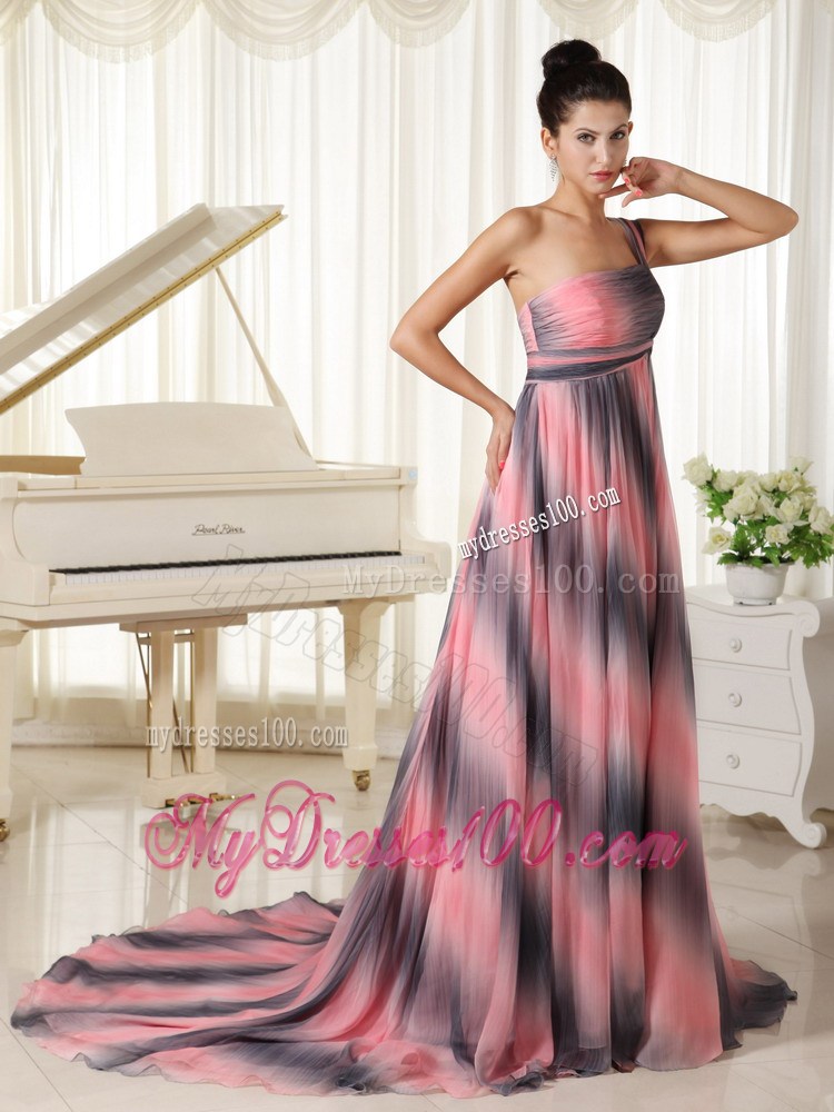 Affordable Ombre Color One Shoulder Prom Dress With Court Train