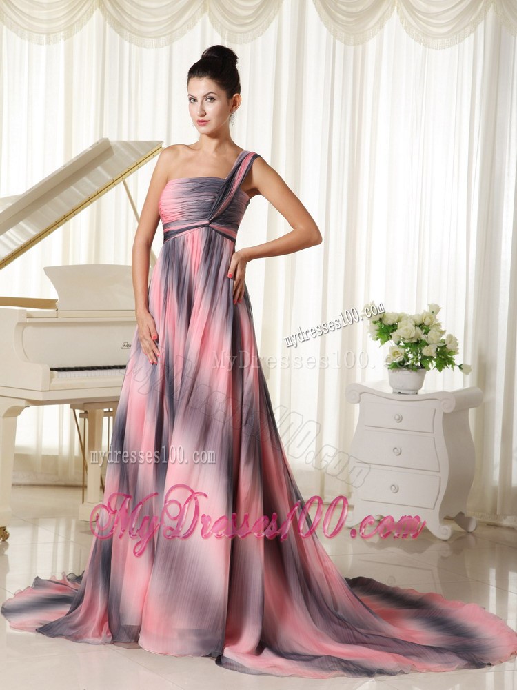 Affordable Ombre Color One Shoulder Prom Dress With Court Train