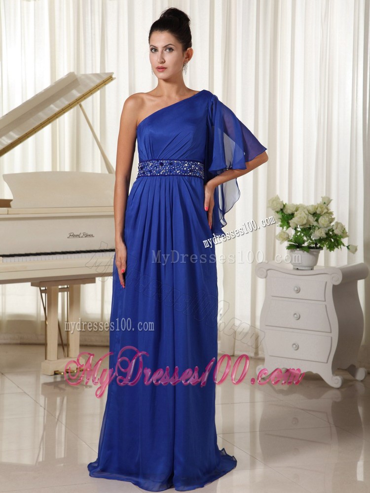 One Shoulder Beaded Royal Blue 1 2-length Sleeves Prom Dresses