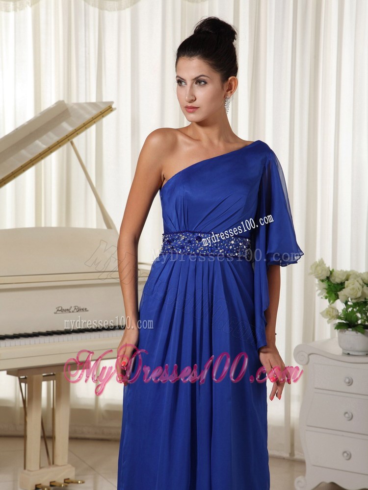 One Shoulder Beaded Royal Blue 1 2-length Sleeves Prom Dresses