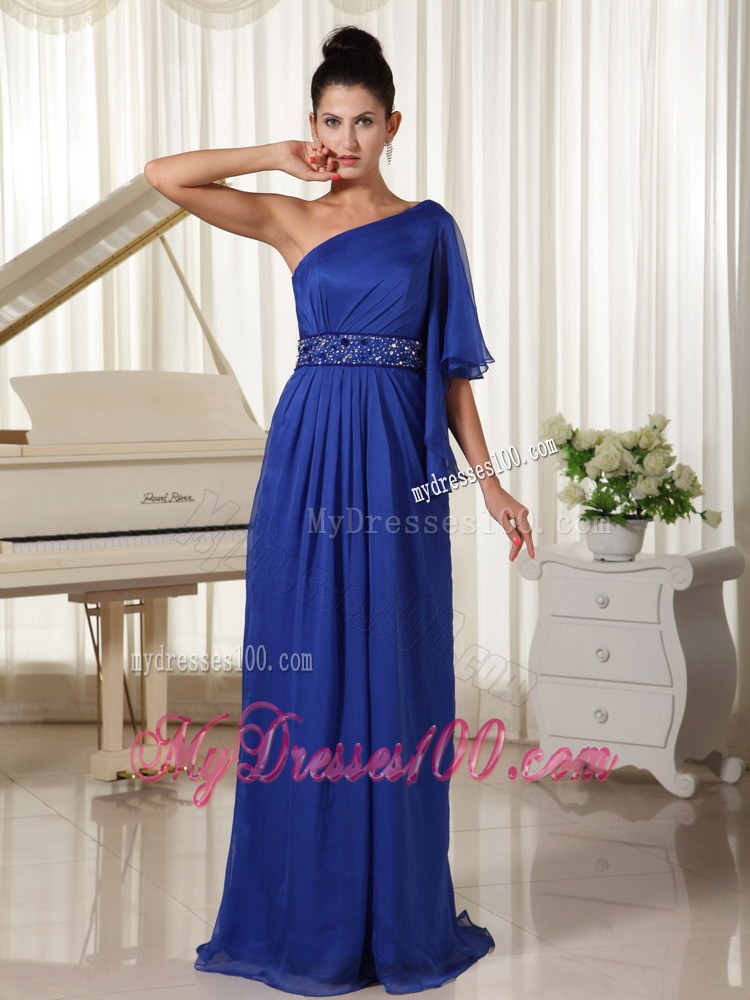 One Shoulder Beaded Royal Blue 1 2-length Sleeves Prom Dresses