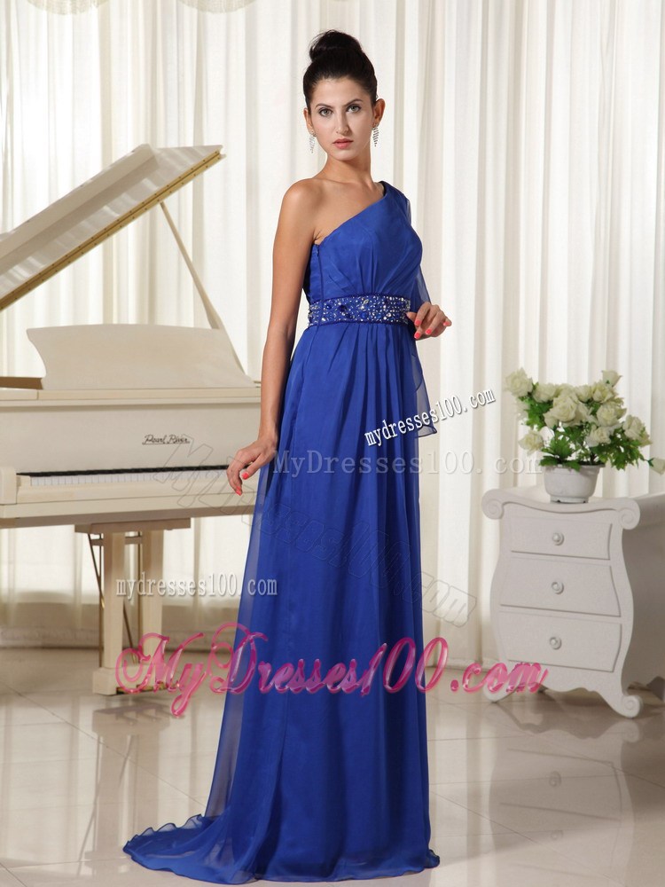 One Shoulder Beaded Royal Blue 1 2-length Sleeves Prom Dresses