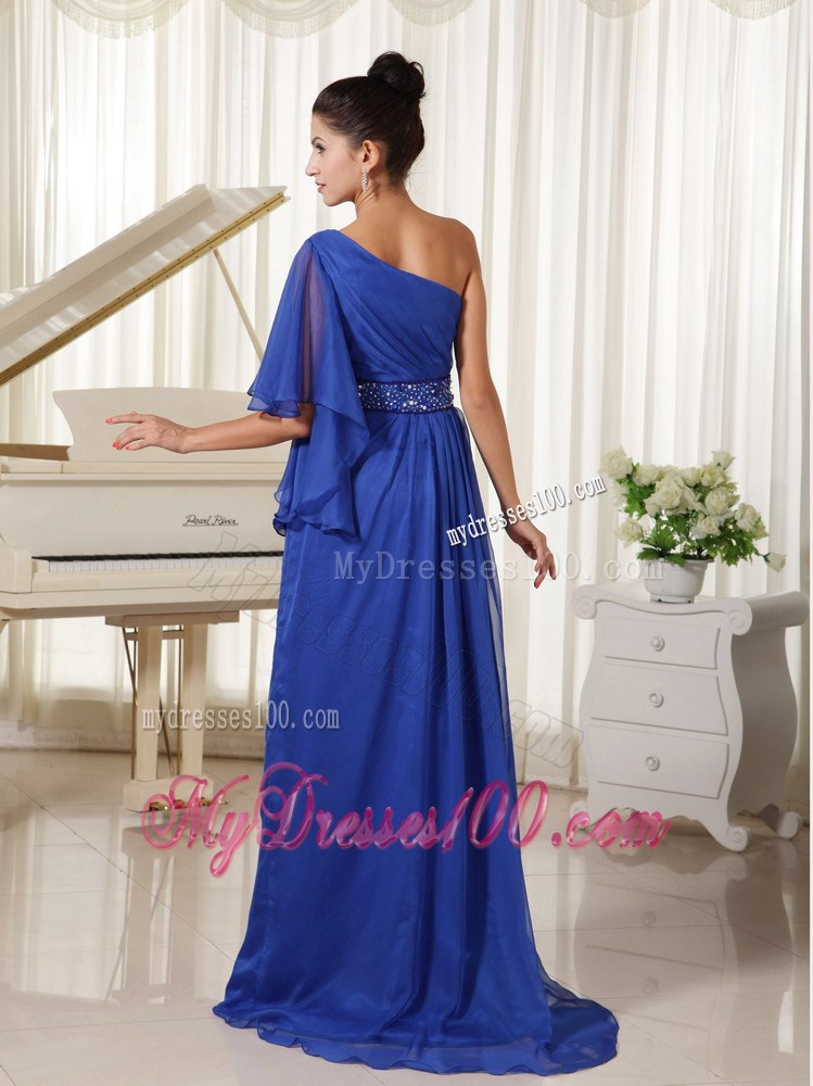 One Shoulder Beaded Royal Blue 1 2-length Sleeves Prom Dresses